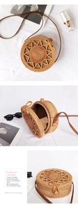 Dettagli della borsa rotonda in rattan fatta a mano con motivo sole, 20cm x 8cm