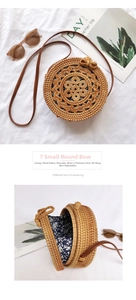 Dettaglio della borsa rotonda in rattan fatta a mano con fodera floreale, diametro 20 cm