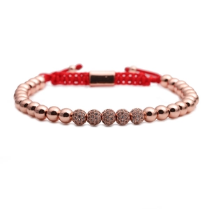 Rose gold adjustable red string bracelet set with 4mm micro-pave crystal crown beads