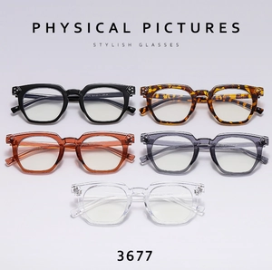 Multiple polygon eyeglass frames in black, tortoiseshell and clear colors with metal rivets