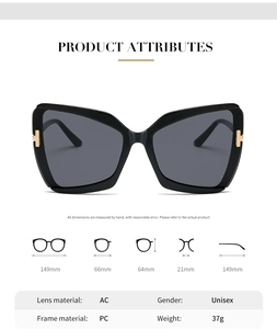 Detailed size specifications for butterfly frame sunglasses with gold T-shaped accents