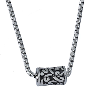 Men Stainless Steel Pendant Necklace Vintage Engraved Totem Cylindrical Bead Punk Streetwear Hip Hop Jewelry Box Chain