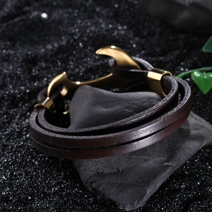 Anchor leather bracelet with double-wrap dark brown cord and brushed metal hook
