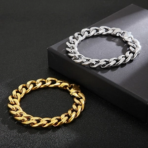 Polished 18K gold and silver plated flat Cuban chain bracelets set in punk rock style