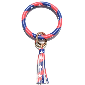 Sleutelhanger armband met sterpatroon in rood wit blauw en elegante kwastjes