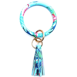 Detail of tropical floral print bangle keychain with pink hibiscus and tassel