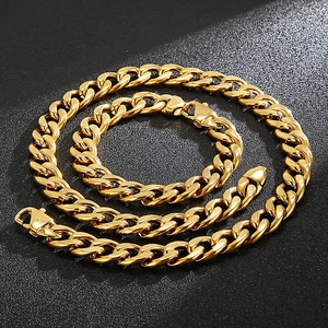 Overhead view of 18K gold plated titanium steel cuban link necklace and bracelet set