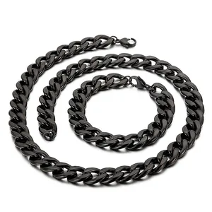 Men Stainless Steel Cuban Link Chain Necklace Bracelet Jewelry Polished Minimalist Hip Hop Punk Style Accessory