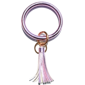 Pink metallic leather keyring bracelet with rose gold clasp and fringe tassel detail