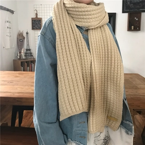 Thick oatmeal chunky knit scarf with handmade leather tag for winter warmth