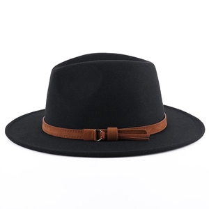 Detail of black wool fedora hat featuring a brown suede decorative band with metal buckle