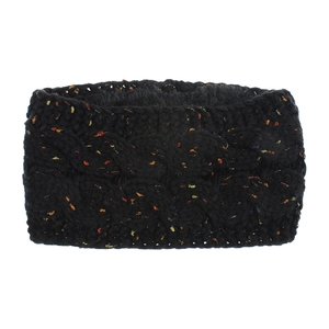 Detail of thick black knit headband with colorful flecks and classic cable pattern