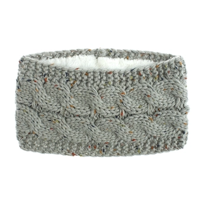 Close-up of grey knit ear warmer headband with colorful speckles and thick white fleece lining