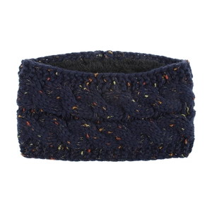 Detail of navy cable knit headband with warm black fleece lining and colorful flecks