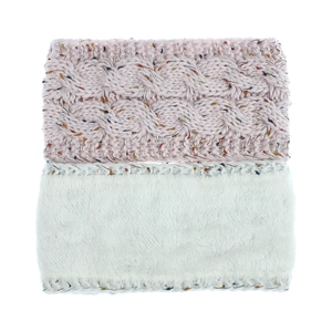 Detail of winter knit headband with pink confetti yarn and white faux fur lining