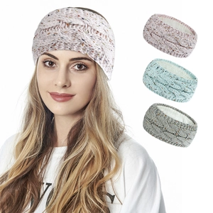Women winter chunky cable knit thermal headband with fleece lining and colorful yarn dots