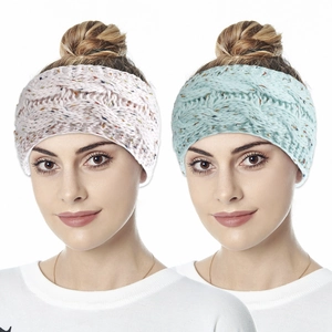 Winter chunky knit headband for women featuring speckled yarn design and ear warmer style
