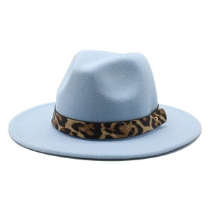 Wide Brim Fedora Hat Wool Felt Leopard Print Band Gold Rivet Jazz Cap Unisex Flat Top Elegant Western Style Accessory
