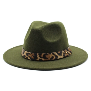 Detail of army green fedora wool hat with leopard print band and gold buckle accent