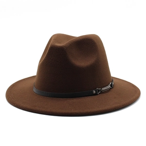 Detailed close-up of dark brown wool fedora hat with black leather band and silver buckle