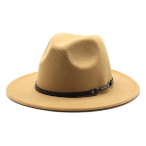 Detailed texture of camel wide brim wool fedora hat with black leather buckle belt