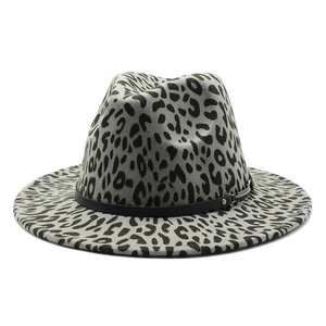 Classic leopard print wool felt fedora hat with a black leather band and wide brim