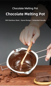 Macro view of 304 stainless steel melting pot with pouring spout and wooden stirrer