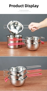 Macro detail of 304 stainless steel melting pot with double pour spouts and heat-resistant handle