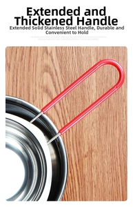 Detail of 304 stainless steel melting pot featuring a long red heat-resistant handle