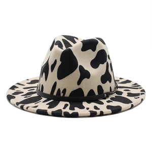 Fashionable cow print wide brim fedora hat with black belt buckle for men and women