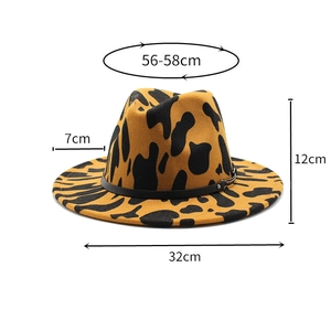 Detail showing dimensions of leopard print fedora hat with black band and 7cm wide brim