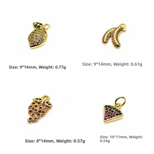 Detail view of mini fruit charms with weight and size specs for DIY jewelry making