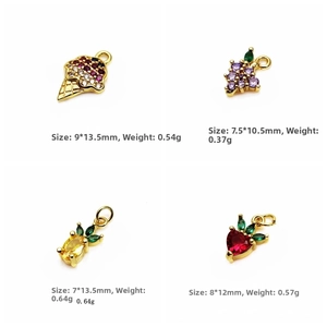 Macro view of crystal fruit charms showing strawberry, pineapple, grape, and ice cream