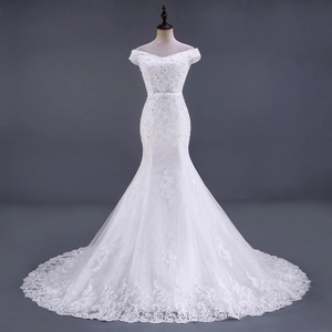 Abito Da Sposa Sirena Spalle Scoperte Pizzo Ricamo Tulle Paillettes Schiena Stringata Lungo Strascico Vestito Da Sposa Donna