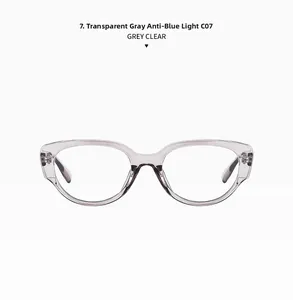 Detail of grey clear cat eye glasses frames with anti-blue light protective lenses