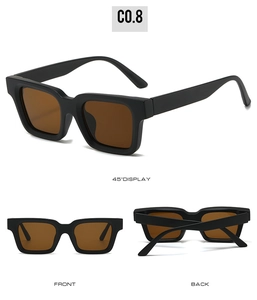Detailed views of black rectangle sunglasses with dark brown lenses and 45-degree angle shot