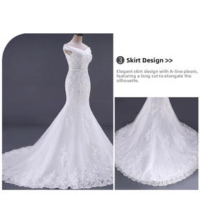 Dettagli dell'abito da sposa a sirena bianco con ricami in pizzo e paillettes