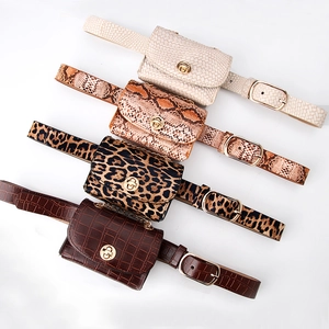 Women's belt bags set with leopard, snakeskin, and crocodile textures with gold buckles