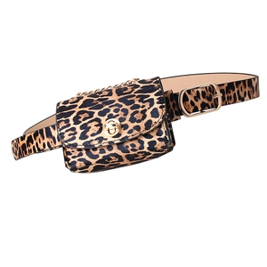 Women's leopard print belt bag with golden hardware and matching animal pattern belt