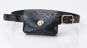 Close-up of black snake pattern leather waist bag with gold buckle and rotary lock detail