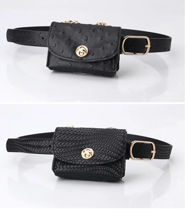 Detail of mini black waist bags featuring ostrich and woven leather textures with gold buckles