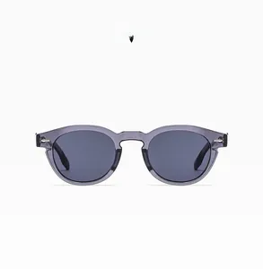Detailed front view of transparent grey round frame sunglasses with dark grey lenses