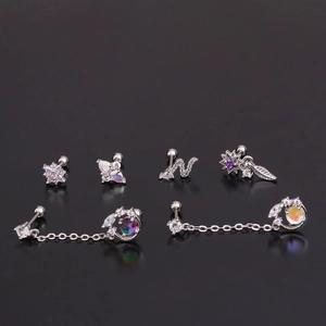 5-piece silver stainless steel earring set with colorful zircon clover and star charms
