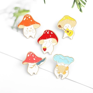 Detailed view of five creative cartoon mushroom enamel pins in various cute poses