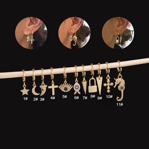 Minimalist Gold Plated Mini Hoop Earrings With Star Cross Moon Seahorse Pendants Copper Cubic Zirconia Jewelry For Women