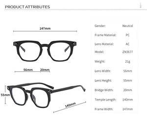 Detailed size specifications of black PC frame glasses with rivet details and dimensions