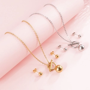 Minimalist gold and silver ball jewelry sets with OT buckle necklace and bead earrings