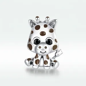 925 sterling silver giraffe charm bead with brown enamel spots and black zircon eyes
