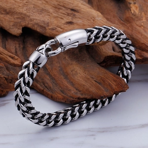 Men's titanium steel woven leather bracelet with black chain and silver magnetic clasp