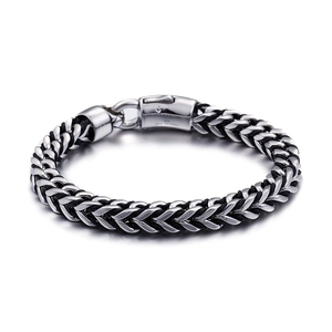 Men's woven black leather bracelet with 316L stainless steel chain and secure clasp